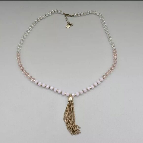 Liz Claiborne Necklace Pale Pink Clear Faceted Beaded Strand Tassel Pendant NWOT - Picture 3 of 8